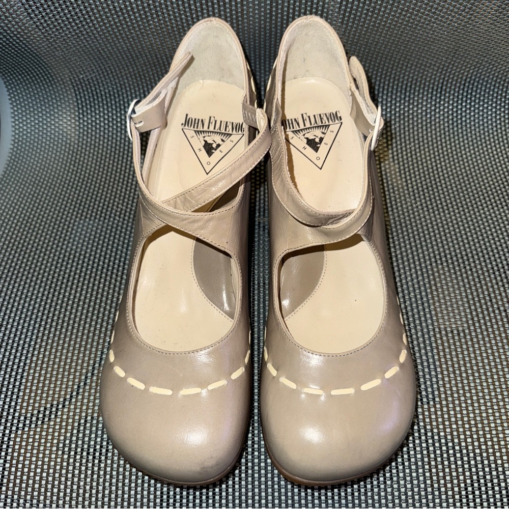 John Fluevog Taupe Mary Jane Heels with Cream Topstitch